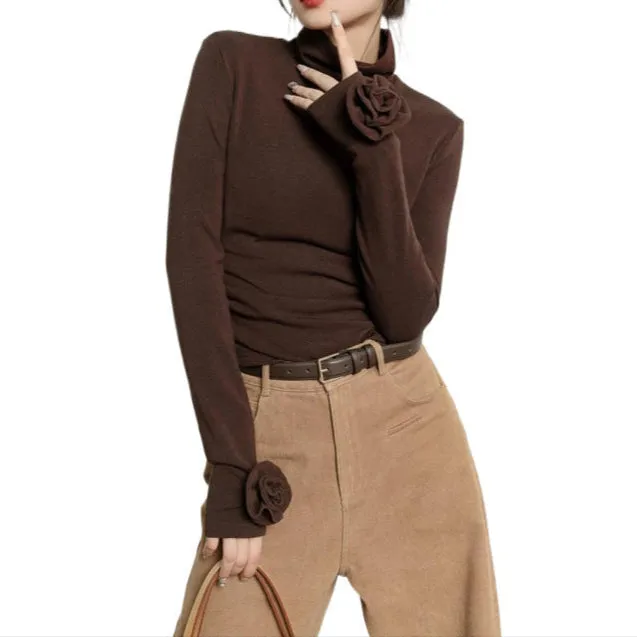 Fashion Brown Micro Velvet Lined Turtleneck Bottoming Shirt
