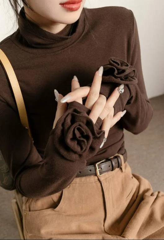 Fashion Brown Micro Velvet Lined Turtleneck Bottoming Shirt