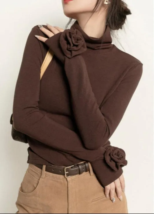 Fashion Brown Micro Velvet Lined Turtleneck Bottoming Shirt