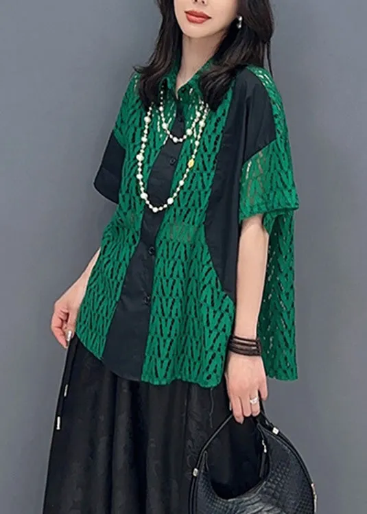 Fashion Green Peter Pan Collar Print Patchwork Button Shirts Short Sleeve LY4389
