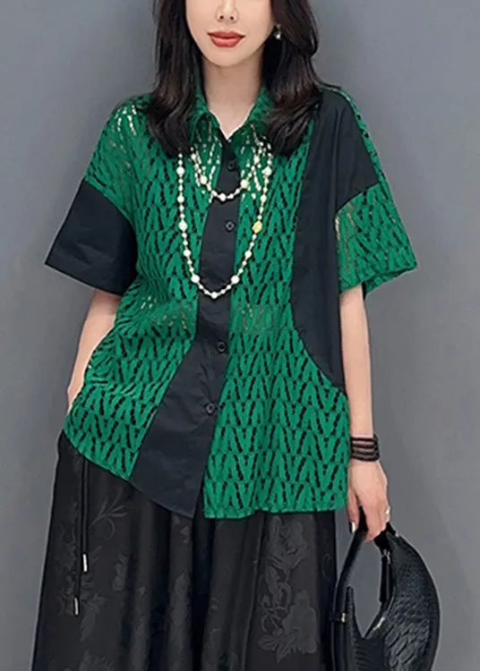 Fashion Green Peter Pan Collar Print Patchwork Button Shirts Short Sleeve LY4389