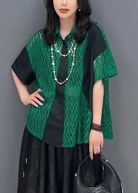 Fashion Green Peter Pan Collar Print Patchwork Button Shirts Short Sleeve LY4389