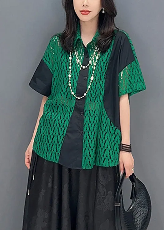 Fashion Green Peter Pan Collar Print Patchwork Button Shirts Short Sleeve LY4389