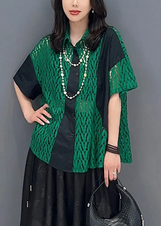 Fashion Green Peter Pan Collar Print Patchwork Button Shirts Short Sleeve LY4389