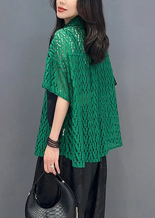 Fashion Green Peter Pan Collar Print Patchwork Button Shirts Short Sleeve LY4389