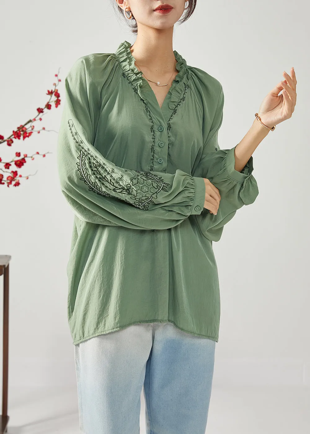 French Army Green Embroideried Ruffled Cotton Shirts Spring LY1112