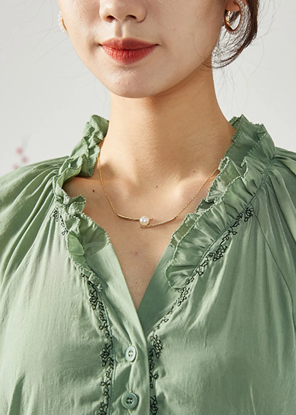 French Army Green Embroideried Ruffled Cotton Shirts Spring LY1112