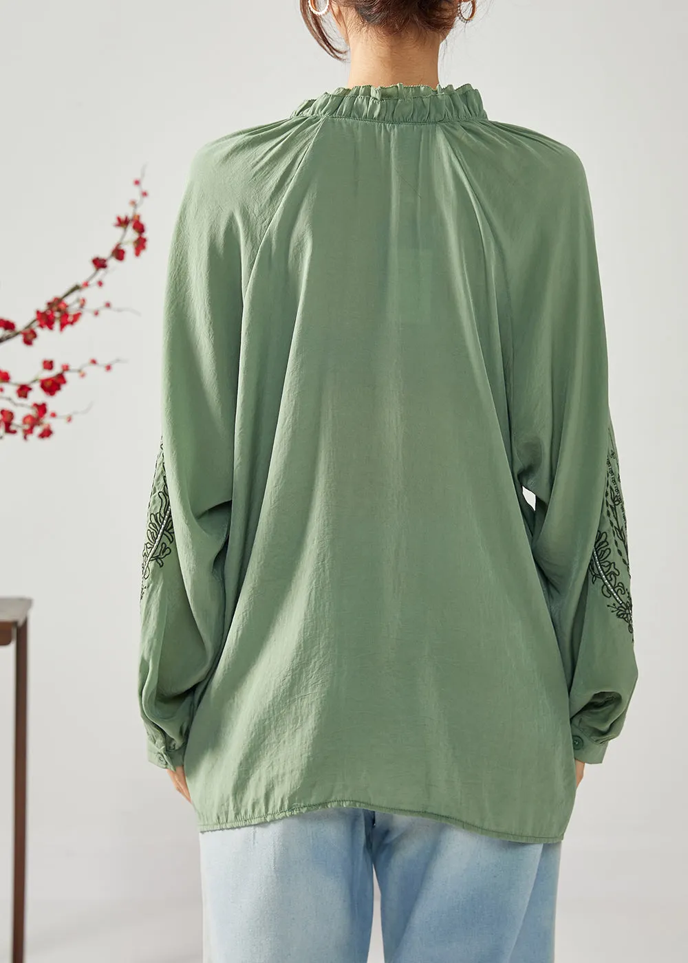 French Army Green Embroideried Ruffled Cotton Shirts Spring LY1112
