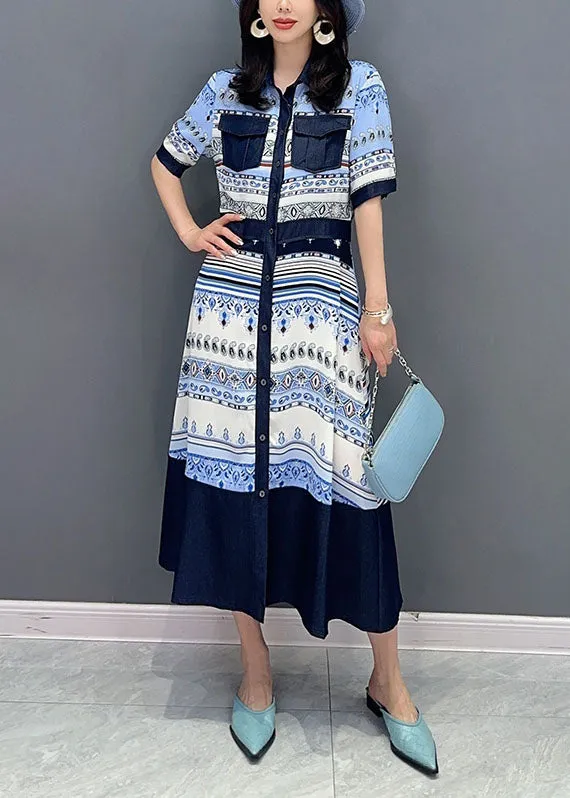 French Blue Peter Pan Collar Print Button Patchwork Cotton Shirts Dress Summer LY5740