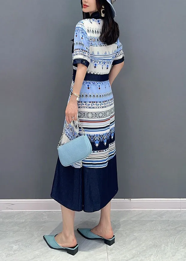 French Blue Peter Pan Collar Print Button Patchwork Cotton Shirts Dress Summer LY5740
