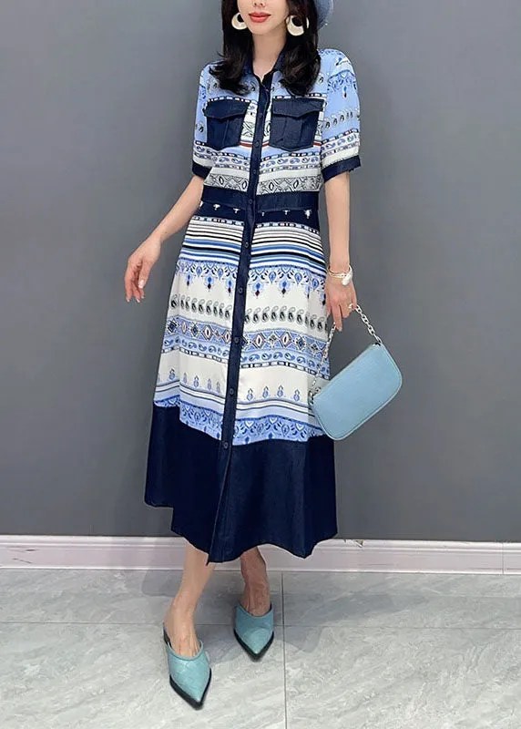 French Blue Peter Pan Collar Print Button Patchwork Cotton Shirts Dress Summer LY5740