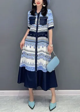 French Blue Peter Pan Collar Print Button Patchwork Cotton Shirts Dress Summer LY5740