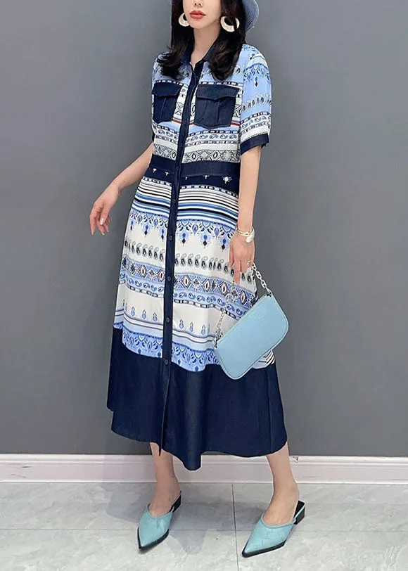French Blue Peter Pan Collar Print Button Patchwork Cotton Shirts Dress Summer LY5740