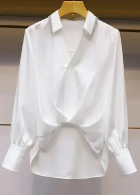 French White V Neck Low High Design Patchwork Cotton Shirts Fall FA179