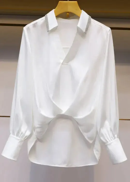 French White V Neck Low High Design Patchwork Cotton Shirts Fall FA179