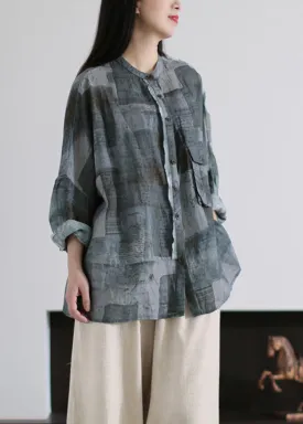 Handmade Grey Print Button Ramie Shirts Long Sleeve LY5110
