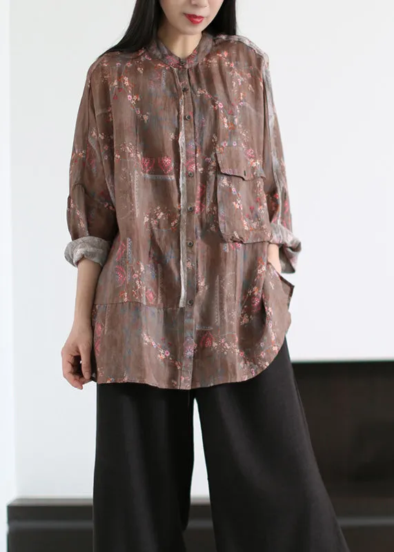 Handmade Grey Print Button Ramie Shirts Long Sleeve LY5110