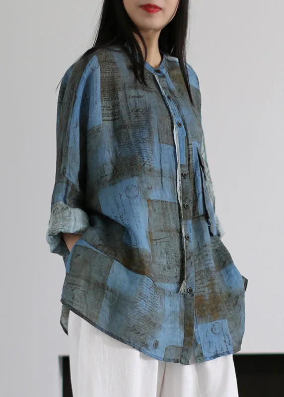 Handmade Grey Print Button Ramie Shirts Long Sleeve LY5110