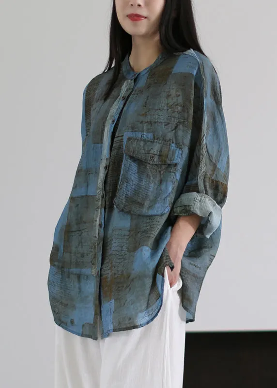 Handmade Grey Print Button Ramie Shirts Long Sleeve LY5110