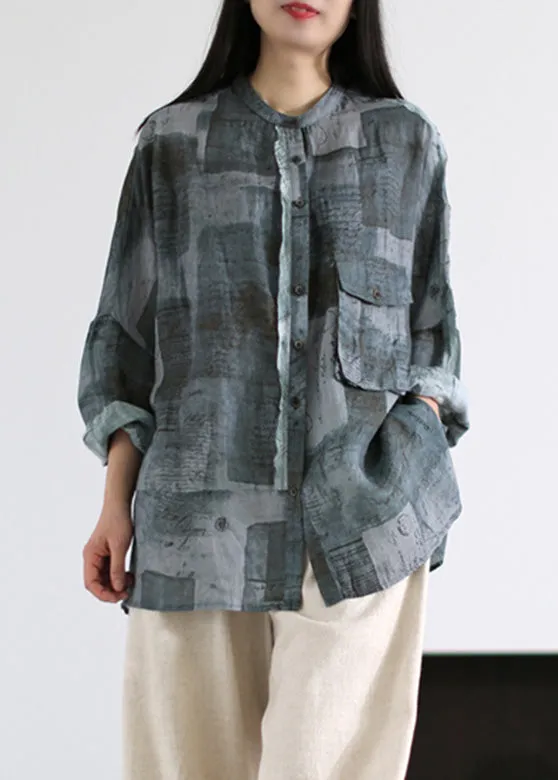 Handmade Grey Print Button Ramie Shirts Long Sleeve LY5110