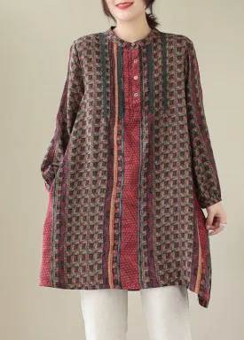 Handmade Red Wrinkled Print Cotton Mid Shirts Dress Spring LY5662