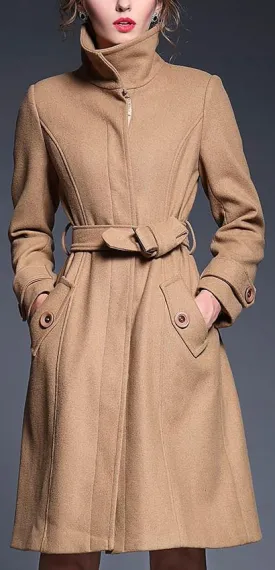 High-Collar Camel Wool Coat