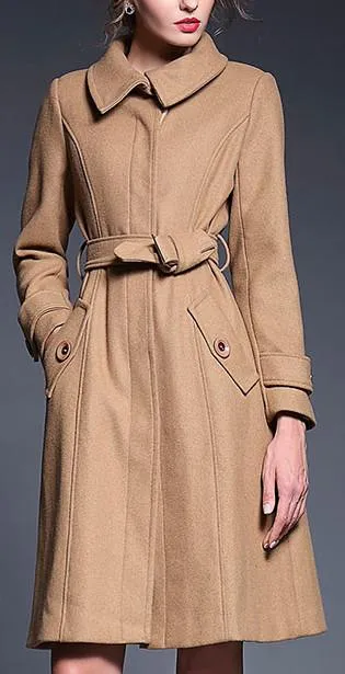 High-Collar Camel Wool Coat