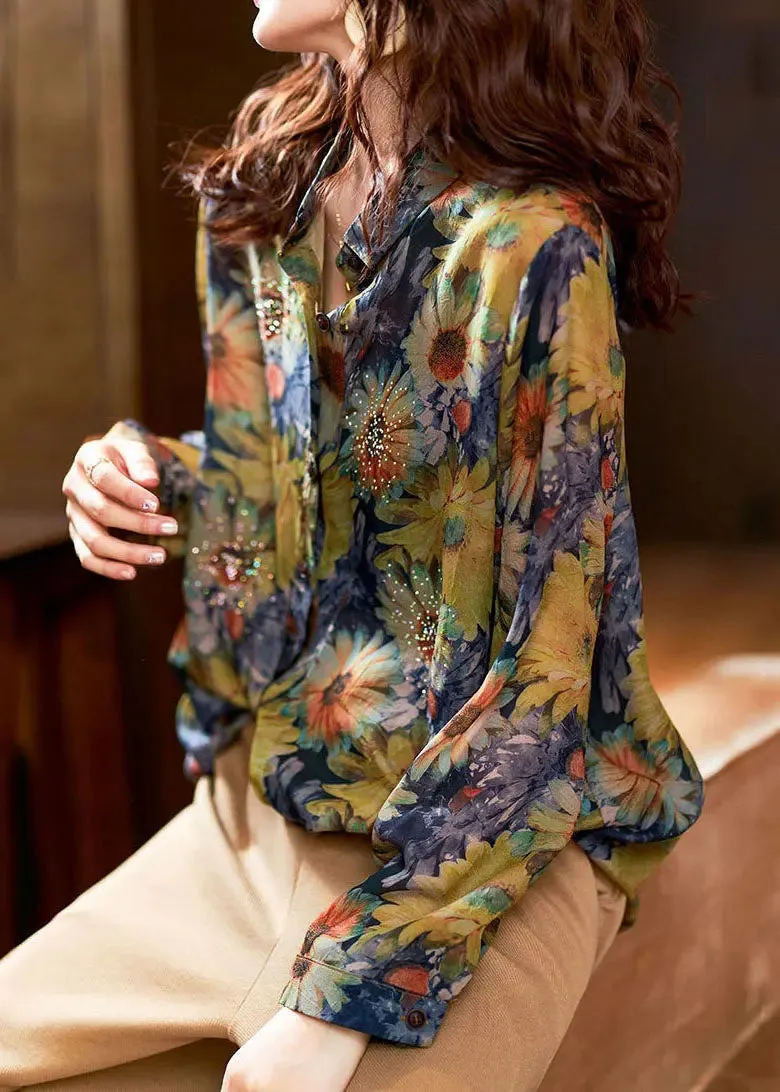 Italian Green Peter Pan Collar Zircon Patchwork Chiffon Shirts Fall LY8599