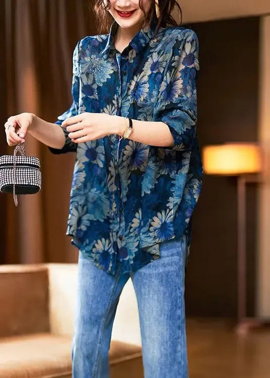 Italian Green Peter Pan Collar Zircon Patchwork Chiffon Shirts Fall LY8599