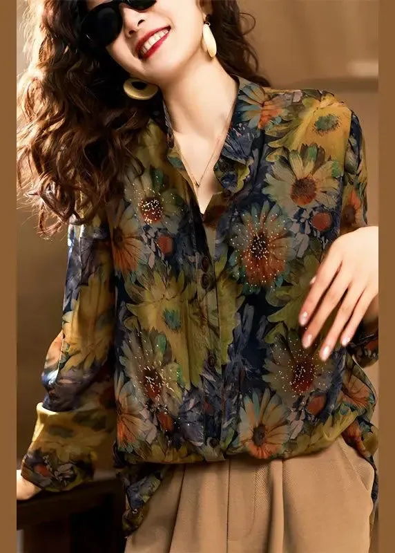 Italian Green Peter Pan Collar Zircon Patchwork Chiffon Shirts Fall LY8599