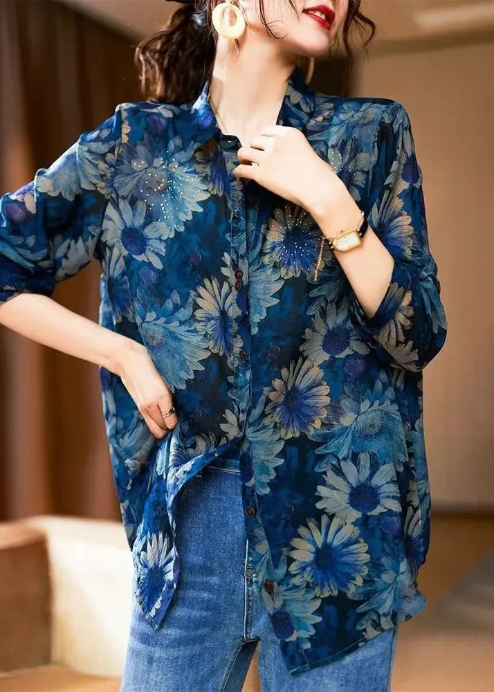 Italian Green Peter Pan Collar Zircon Patchwork Chiffon Shirts Fall LY8599