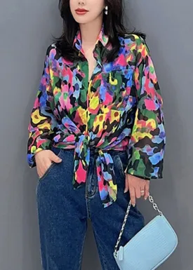 Italian Peter Pan Collar Print Button Chiffon Shirts Long Sleeve LY4362