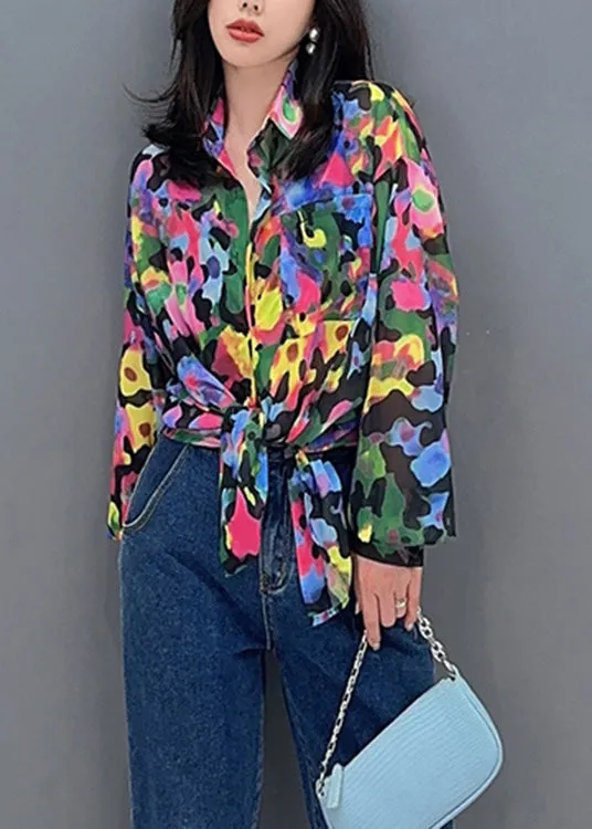 Italian Peter Pan Collar Print Button Chiffon Shirts Long Sleeve LY4362