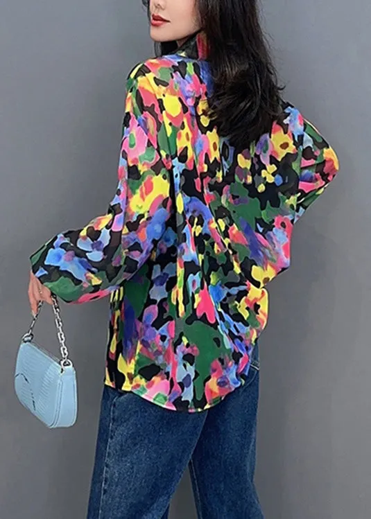 Italian Peter Pan Collar Print Button Chiffon Shirts Long Sleeve LY4362