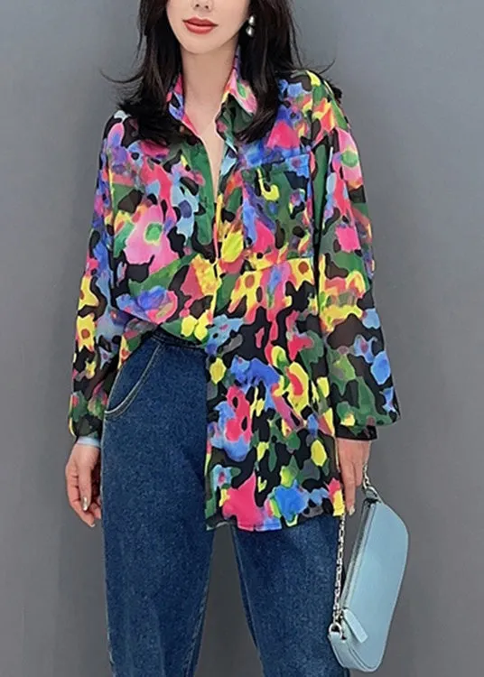 Italian Peter Pan Collar Print Button Chiffon Shirts Long Sleeve LY4362