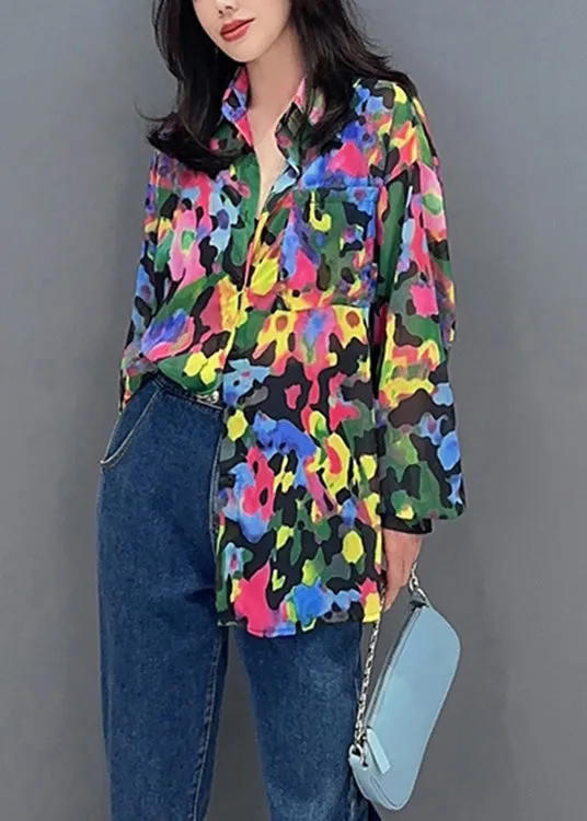 Italian Peter Pan Collar Print Button Chiffon Shirts Long Sleeve LY4362