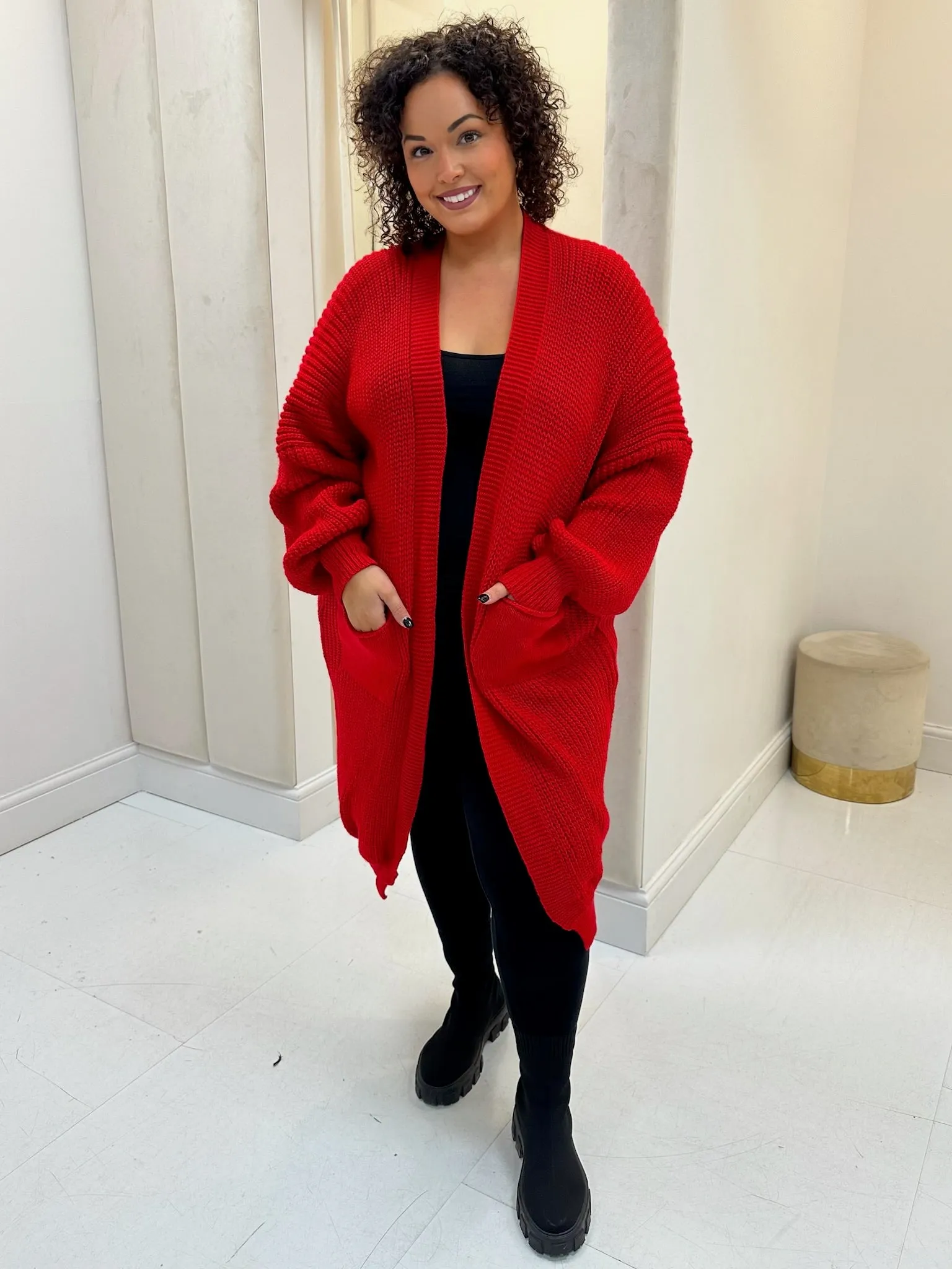 Juliet curve red knit balloon sleeve cardigan