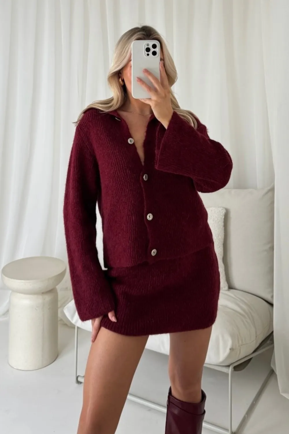 Leona burgundy knit cardigan and skirt co-ord