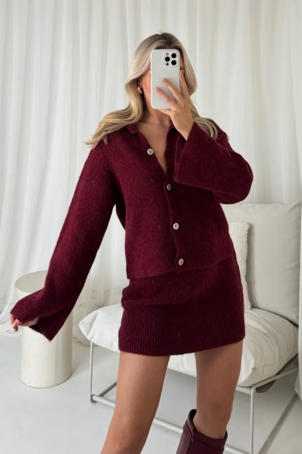 Leona burgundy knit cardigan and skirt co-ord
