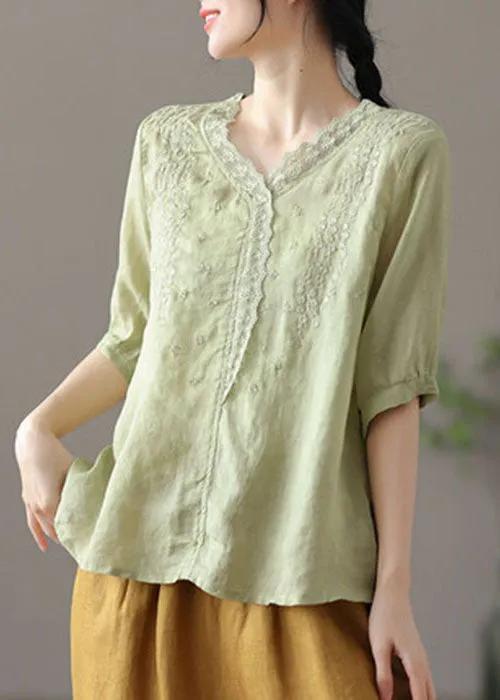 Light Green Patchwork Lace Linen Shirts V Neck Half Sleeve TG1010