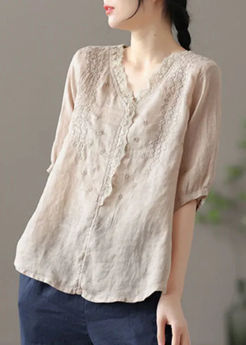 Light Green Patchwork Lace Linen Shirts V Neck Half Sleeve TG1010