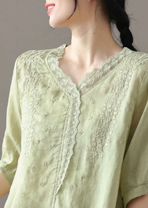 Light Green Patchwork Lace Linen Shirts V Neck Half Sleeve TG1010