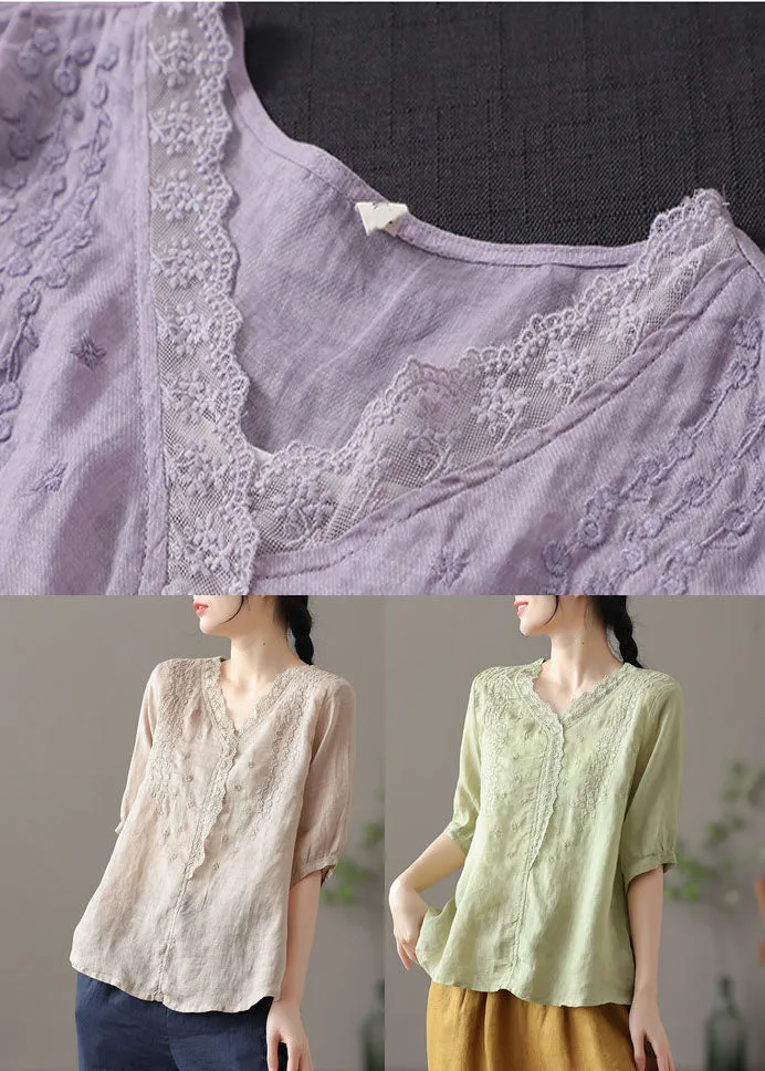 Light Green Patchwork Lace Linen Shirts V Neck Half Sleeve TG1010
