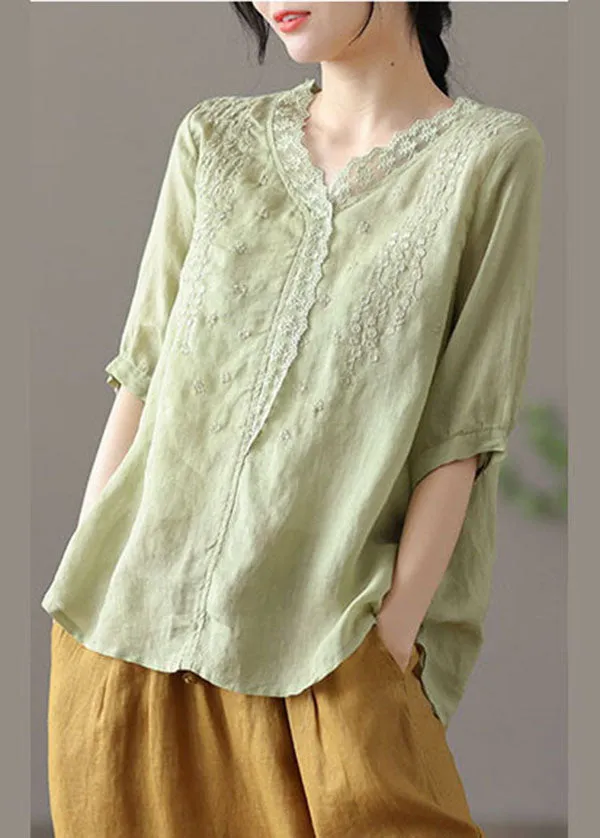 Light Green Patchwork Lace Linen Shirts V Neck Half Sleeve TG1010