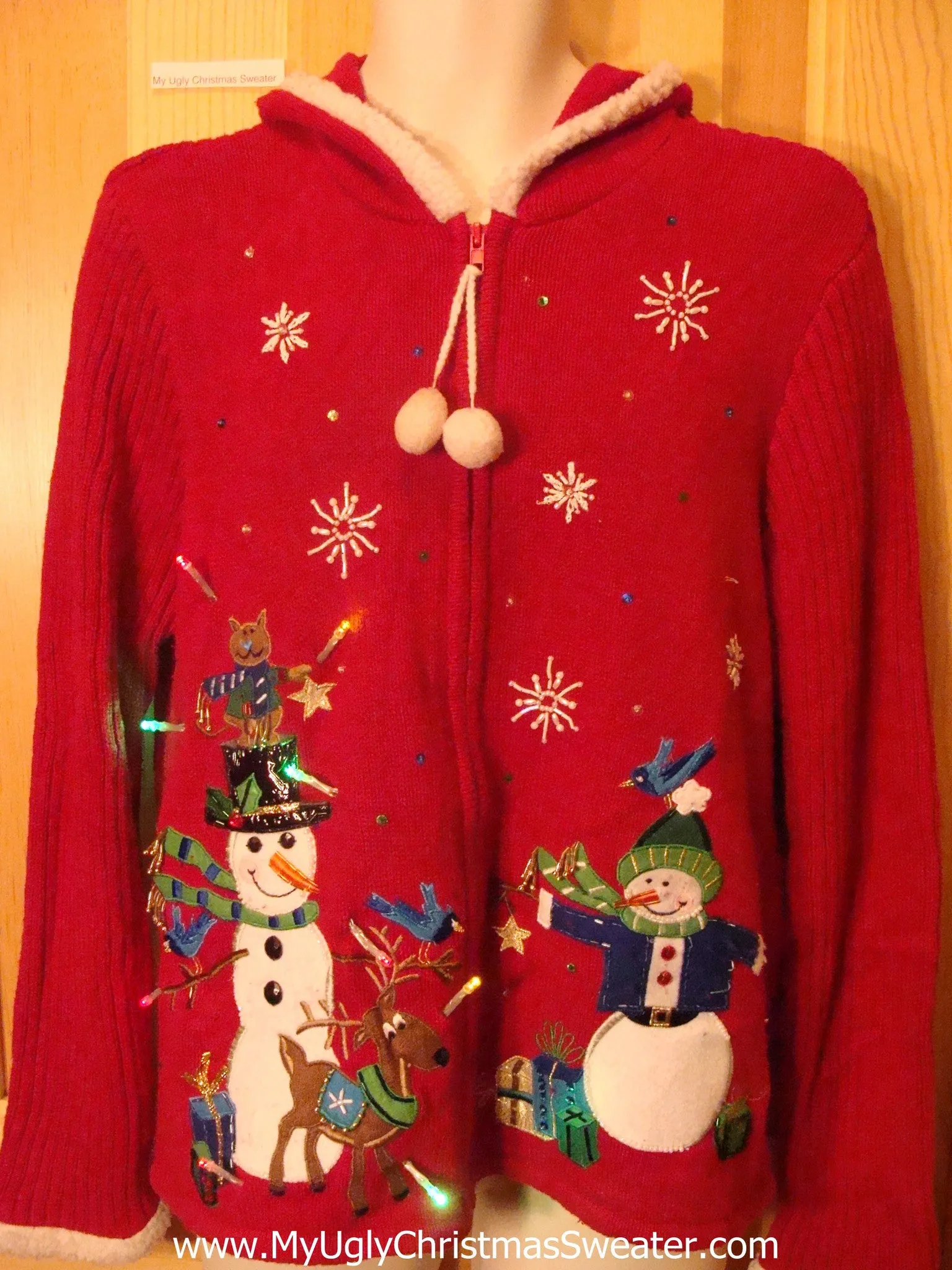 Light Up Red Ugly Xmas Sweater Hoddie with Cheesy Snowmen