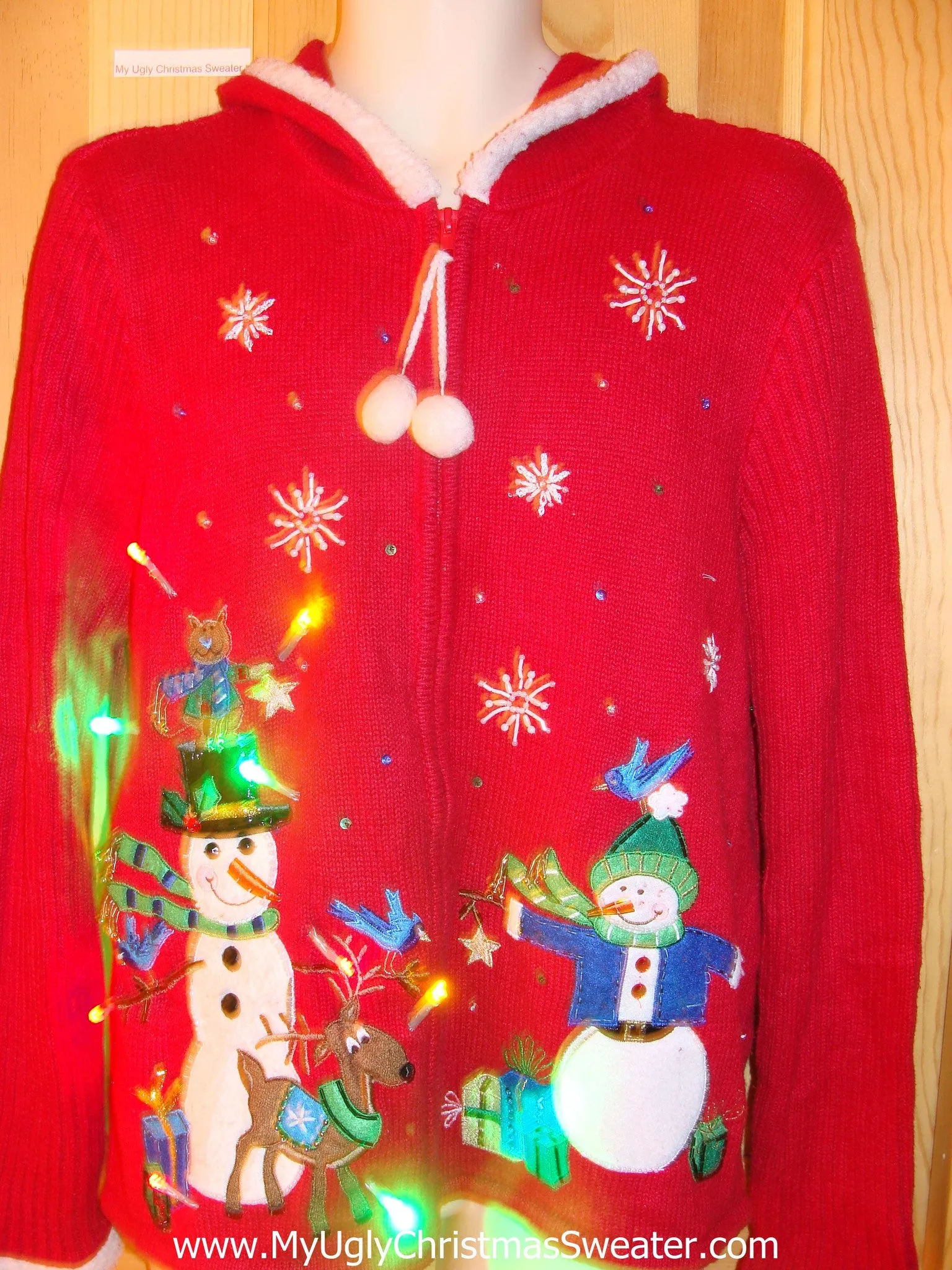 Light Up Red Ugly Xmas Sweater Hoddie with Cheesy Snowmen