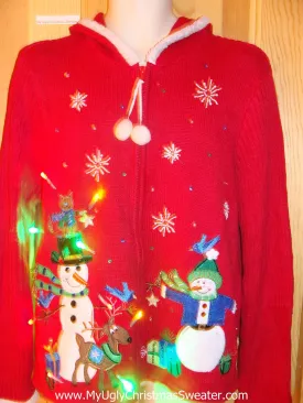 Light Up Red Ugly Xmas Sweater Hoddie with Cheesy Snowmen