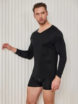 Mens V-Neck Long Sleeve Silk Knitted Tee
