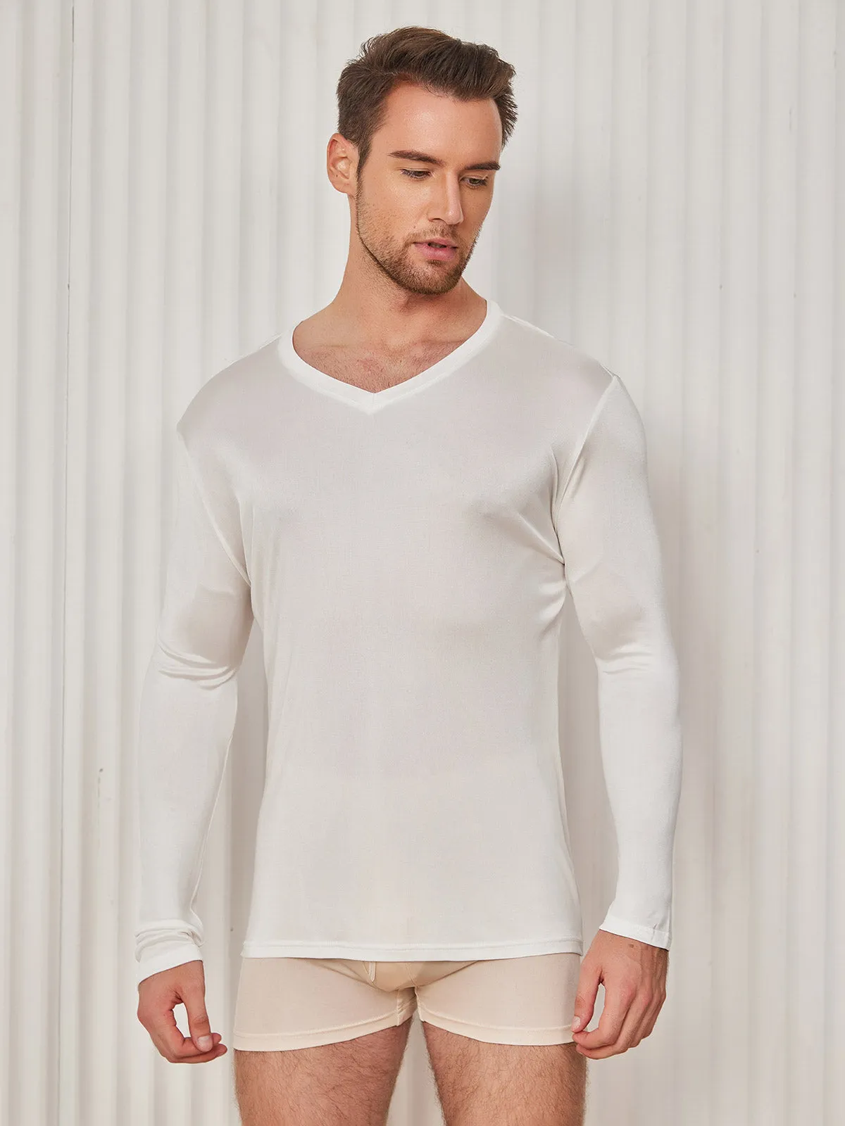 Mens V-Neck Long Sleeve Silk Knitted Tee
