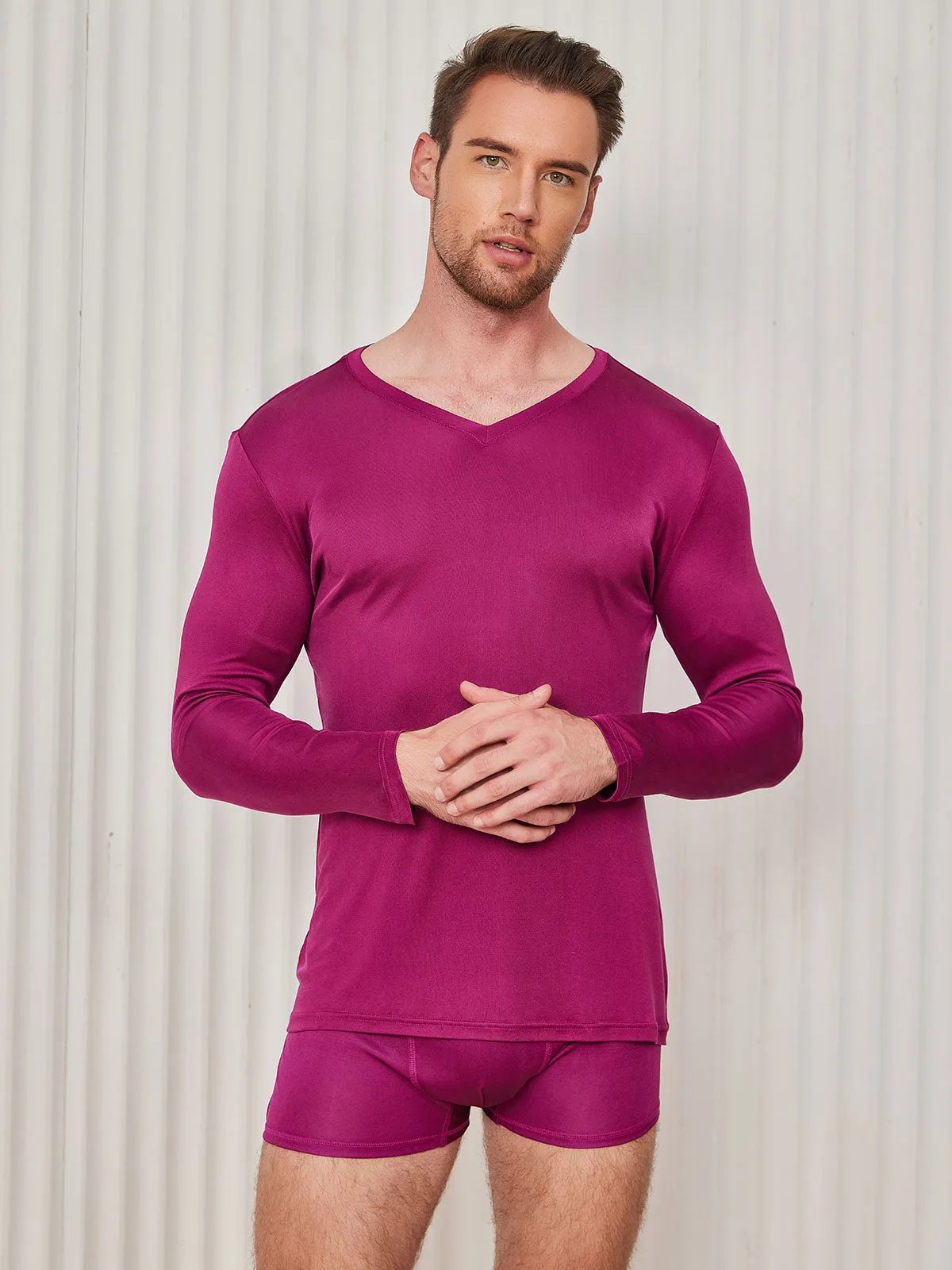 Mens V-Neck Long Sleeve Silk Knitted Tee